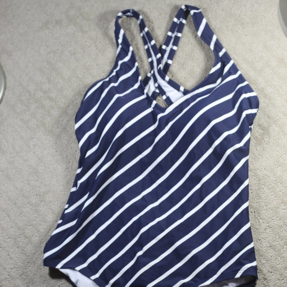 Kona Sol Size L Navy Blue Striped One Piece Cross-back Swimsuit